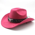 Macro shot of rose red suede cowboy hat with black leather band and silver bull head badge - M (56-58cm) / Rose Red (Suede)