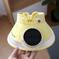 Yellow kids sun visor with solar fan featuring cute cartoon rabbit and strawberry design - Solar Fan Style / Ice Silk Rabbit Solar Fan-Yellow