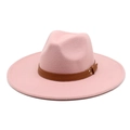 Detail of pink wide brim felt fedora hat featuring double brown leather bands and metal rivets - M (56-58cm) / Dusky Pink