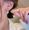 Elegant Korean style gold bar pearl drop earrings with sparkling rhinestones worn by model - Korean Bar Full Diamond Pearl Drop Earrings