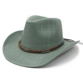 Detailed shot of the woven straw texture and decorative brown leather band on the cowboy hat - M (56-58cm) / Water Lily Green