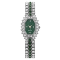Elegant silver watch with green dial and rhinestones displayed on a white background - Green Dial Silver Strap Green Rhinestone