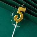 Glittery gold number 5 birthday cake candle with a height of 4.4cm on a white stick - Golden Long Number Candle 5
