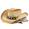 Western style gradient woven straw cowboy hat with seashell band and chin strap - M (56-58cm) / Beige Rust Red Gradient