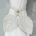 Bohemian handmade woven curtain tieback with cotton leaf tassel and wooden bead - White