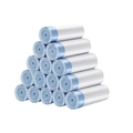 Bulk set of fifteen white thick drawstring trash bags with blue handles in rolls - White with Blue String (5 Rolls 75 Pcs)