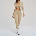 Three-piece nude feel fitness set with zip jacket and crossover leggings in apricot color - S / Top And Bottom / Light Camel