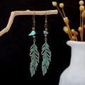 Bohemian bronze feather earrings with turquoise stones and wooden beads details - Feather Wood Bead Bronze Drop (E4132-7)