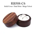 Dark brown wood cylinder ring box with solid lid and beige velvet double slot lining - Solid Lid-Double Slots-Beige Velvet
