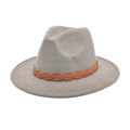 Detail of light grey felt fedora featuring a classic brown woven leather hatband trim - M (56-58cm) / Light Gray