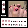 Pink and black checkered press-on toenails with flower patterns, 24-piece set model F102 - Checkerboard Flower Pattern Glue Style (F102)