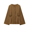 Detail view of brown long sleeve blouse fabric with gathered waist and S size label - XS / Dark Brown Top