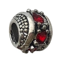 Silver bead charm with embossed pattern and red round crystals for DIY bracelets - Inlaid Rhinestone Style (11520)
