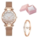 Elegant rose gold mesh watch with sparkling silver dial and matching star bracelet in gift box - Watch+Bracelet+Box / Rose Gold