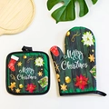 Green Christmas oven mitt and pot holder set featuring Merry Christmas print with gingerbread man - H022 Green Christmas Elements