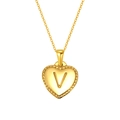 Polished gold heart pendant necklace featuring an engraved letter V with milgrain edges - Letter V Style (S-P151-V)