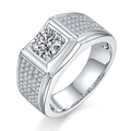 Men's 925 sterling silver ring with square cut moissanite and micro-pave diamonds - US Size 8 / White Gold