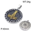 Gold Mjölnir Viking pendant with runic runes and Vegvisir compass in stainless steel - Two-tone Gold Round Pendant (KP120064-MZOZ)