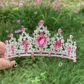 Detail of silver bridal crown with pink rhinestones held against a floral garden - Silver + Rose Red Rhinestone