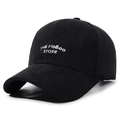 Black corduroy baseball cap with white embroidered text and vintage textured finish - Adjustable / Black With White Embroidery