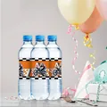 Detail of motocross party water bottle labels with dirt bike graphics and racing checkers - Water Bottle Labels 10PCS