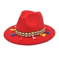 Detail of red wool fedora with bohemian ethnic geometric band and colorful tassels - M (56-58cm) / Red