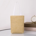 Detailed weave pattern and white ribbon handles on this vertical woven tote bag - Vertical / Khaki