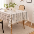Beige linen tablecloth with black tribal geometric patterns and elegant tassels - 90*90cm / Striped Geometric