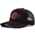 Black mesh trucker hat featuring a brown leather shark patch and Fishing Outdoors text - Black
