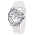 Detail shot of white silicone strap and silver watch dial with Arabic numerals - White
