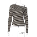 Detail of striped off-shoulder neckline on a black and white long sleeve top - S / Black