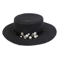 Elegante cappello di paglia nero con perle e fiori per protezione solare da spiaggia - M (56-58cm) / Bordo Piatto Perla (Adulto Nero)