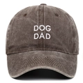 Front view of a distressed vintage brown baseball cap with DOG DAD embroidery - One Size / Coffee