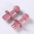 Pink silicone baby fork and spoon set with cute panda design and safety shield handle - All-Silicone Short Spoon + Short Fork / Burgundy