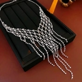 Elegant silver V-shaped tassel necklace with sparkling diamonds for luxury fashion - Silver