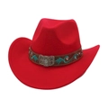 Detail of red wool felt cowboy hat with embroidered leather band and silver buckle - One Size / Red