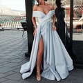 Detail of elegant V-neck satin evening dress with off-shoulder cut and high split - US size 2 (S) / Light Blue