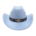 Light blue western cowboy felt hat with dark band and vintage lion head metal buckle - One Size / Light Blue (Lion Head)