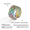 Macro detail of rainbow hollow geometric mesh ring with specific size and material specs - Hollow Woven Rainbow Style (YYR023136-C) / Adjustable Open / Colorful