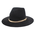 Close-up of black fedora hat with elegant champagne gold belt and square metal buckle - M (56-58cm) / Black