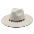 Classic cream faux suede fedora hat with bohemian turquoise and silver bead band - Beige Suede
