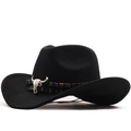 Classic black wool western cowboy hat with ethnic band and silver bull skull ornament - Black