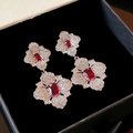 Silver flower earrings with white gems and red rectangular stone in black gift box - Red Zirconia Hollow Flower Pendant Style (Silver Needle)