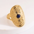 Vintage roestvrijstalen schildring met blauwe steen en zonnestraal gravure - Sunburst Lapis Lazuli Open Ring / Blauw