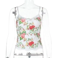 Detailed close-up of floral camisole featuring white lace trim and front buttons - S / Pink