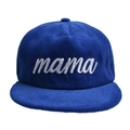 Detail of navy blue corduroy fabric and white 3D embroidery showing mama text on flat brim cap - One Size(Adjustable) / Sapphire Blue