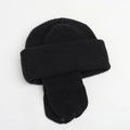 Detailed view of black knitted winter earflap hat with warm lining and chin snap button - M / Black