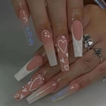 Uñas postizas de ataúd rosa y blanco con diseños de corazón y brillo radiante - BW13-Rosa Desnudo Degradado Corazón Brillo Diamante