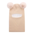 Detail showing the thick white plush lining and knit texture of the baby hooded beanie - Beige