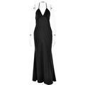 Elegant black satin deep V-neck halter long dress featuring a slim fit and floor length - S / Black